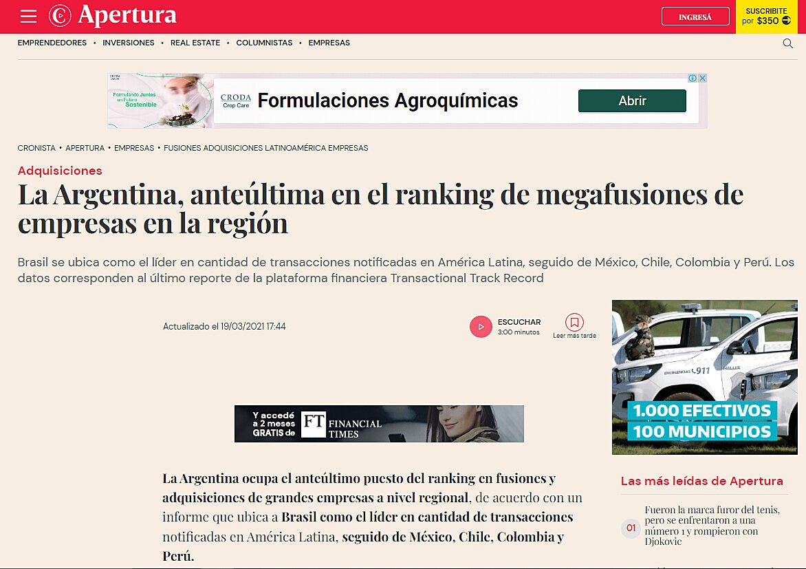 La Argentina, anteltima en el ranking de megafusiones de empresas en la regin